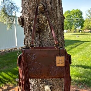 Ariat Victoria Western Tooled Leather Shoulder Bag with Fringe